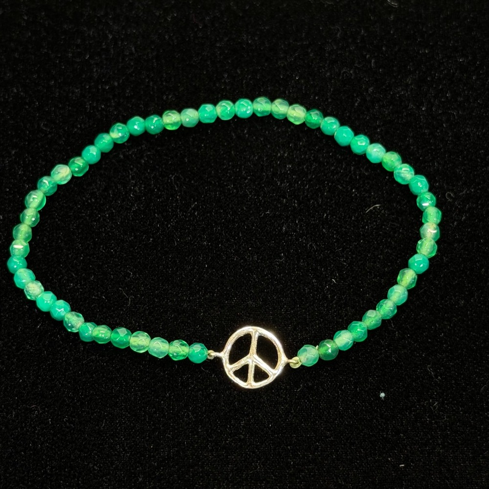JCM Beaded Bracelet 6.5" Green‎ Sterling Silver 925 Peace Sign Faceted Stone
